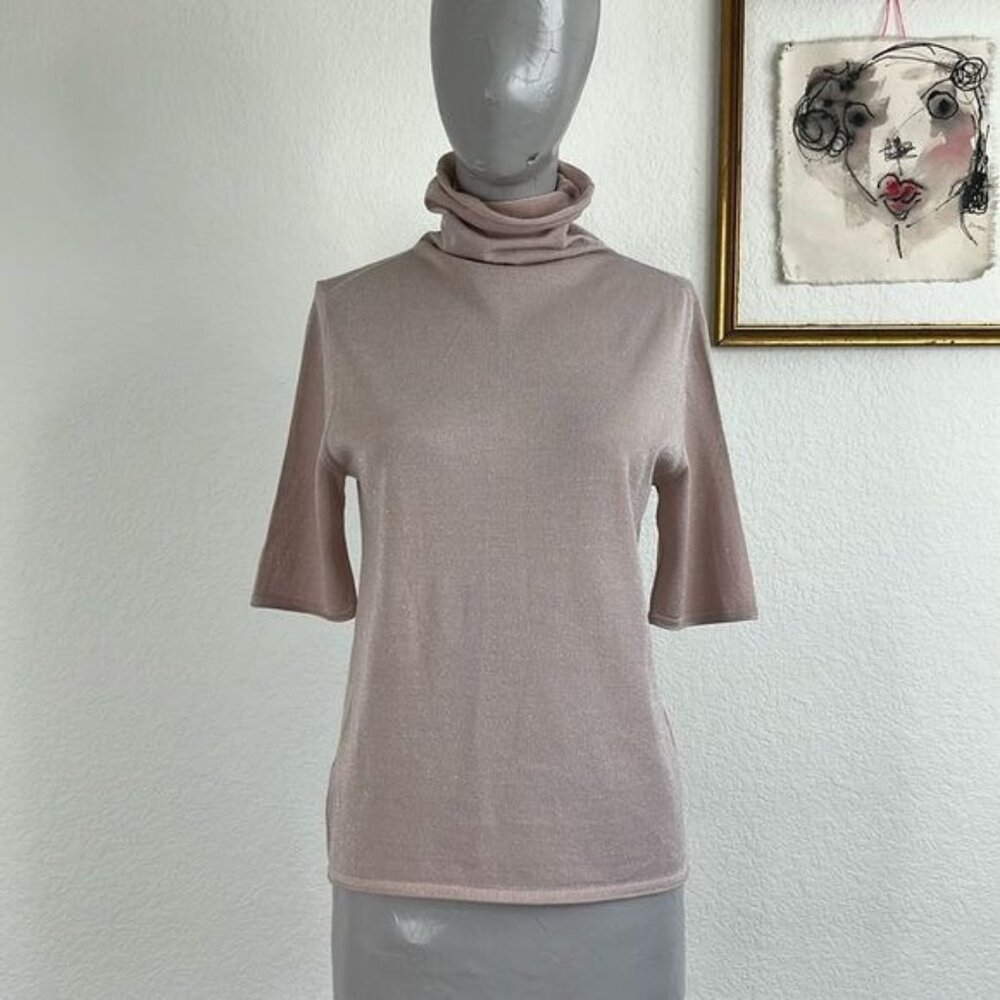 Wolford Metallic Translucent Turtleneck Cropped Elbow Sleeve Blouse